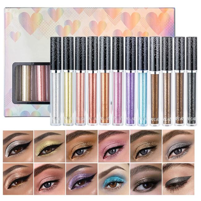 Flüssiges Lidschatten-Set in 12 Farben, Glitzer-Schimmer-Metallic-Rauch-Lidschatten, wasserdicht, langlebig, schnell trocknend, funkelnde Lidschatten-Make-up-Kits