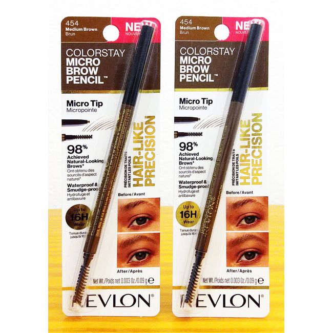 Revlon Colorstay Micro Brow Pencil Hair-Like Precision 454 Medium Brown, 2 packs