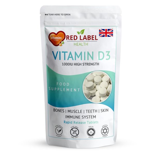 Red Label Health Vitamin D3 1000 IU, Pack of 300 Vitamin D Tablets (9+ Months Supply), Healthy Teeth & Bones, Supports Immune System, High Strength Vitamin D Supplement for Men & Women, UK-Made