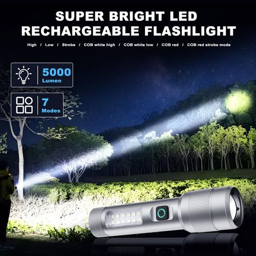 Ciwuzxs 2 Pack Flashlight High Lumens Rechargeable, 5000 Lumen Super Bright Led Flashlights, Tactical Flashlight with Cob Sidelight, Waterproof, Zoomable for Camping, Emergency