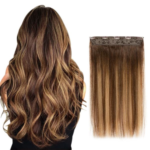 Winsky Hair Extensions Real Human Hair - One Piece Brown Balayage Remy Hair Extensions Clip on 70gram for Women (14inch, 4T27P4)