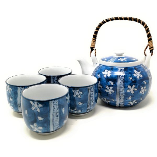 TJ Global Chinese Japanese Porcelain Tea Set with Blue Flower Design, 100% Handmade Traditional Tea Ceremony Set with Teapot and 4 Teacups