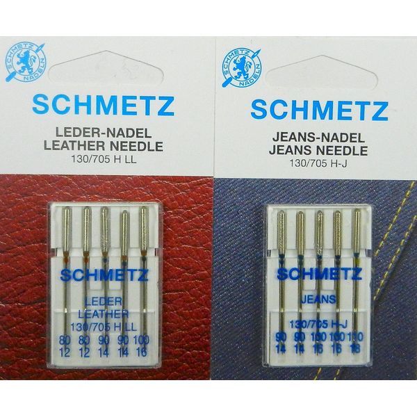 Schmetz Sewing Machine Needle Assortment, Leather & Jeans (Denim) - 10 Assorted 130/705 Needles