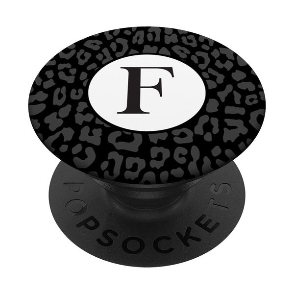 Monogram Letter F Initial Black Dark Grey Leopard Print PopSockets Swappable PopGrip