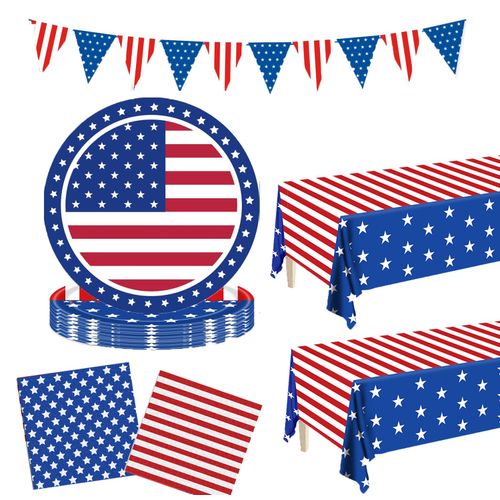4th of July Plates and Napkins, American Flag Patriotic Paper Plates Party Decorations, Patriotic Party Supplies, Independence Day Tablecloths, Banner, Red White Blue Decor Sets, Serve 30