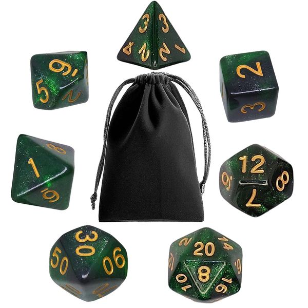 Polyhedral RPG Dice, 7PCS Polyhedral DND Dice Set with Dice Bags for Dungeon and Dragons D&D MTG Role Playing Card Table Games (Starry Black Green)