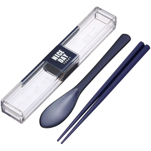 Iwasaki Industry Plastic Spoon and Chopsticks Set, 7.1 inches (18 cm), Navy with Very Strong Case