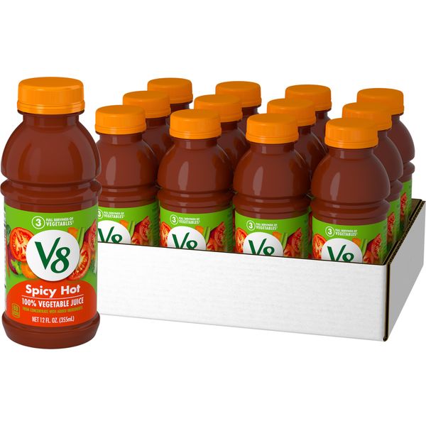 V8 Spicy Hot 100% Vegetable Juice, 12 fl oz Bottle (Case of 12)