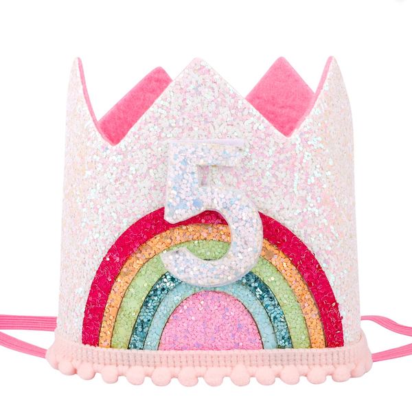 SuPoo 5th Birthday Hat Headband 5th Birthday Decorations for Girl Rainbow Birthday Crown for Girls Princess Tiara Elastic Hairbands 5 Year Old Happy Birthday Party Cap Decorations Accessories