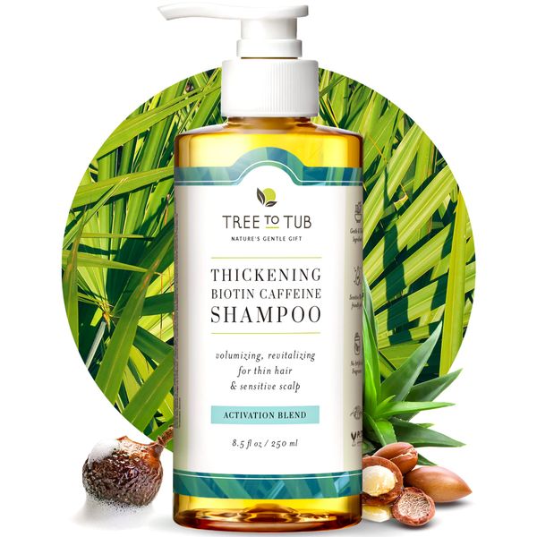 Tree To Tub Biotin Fine Hair Thickening Shampoo for Thicker, Fuller Volume - Gentle Volumizing Sulfate Free Argan Oil Shampoo for Women & Men w/Caffeine, Organic Saw Palmetto, All Natural Tea Tree