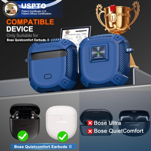 RFUNGUANGO for New Bose QuietComfort Earbuds II (2022) / Ultra (2023) Case Cover with Lock Clip&Cleaner kit Pen, Rugged Shockproof Protective Hard Skin wit Blue