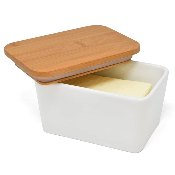 Joeji's Kitchen Butter Dish with lid, 500ml Porcelain Ceramic Finish with Bamboo Lid, Removable Silicone Seal, Keeps Butter Cool and Fresh - Butter Container