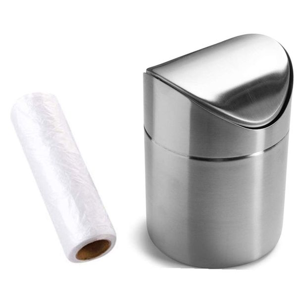 ZHOUWHJJ Mini Countertop Brushed Stainless Steel Swing Lid Trash Can Set, Come with Trash Bag, 1.5 L / 0.40 Gal, Multiple Color Options, Silver