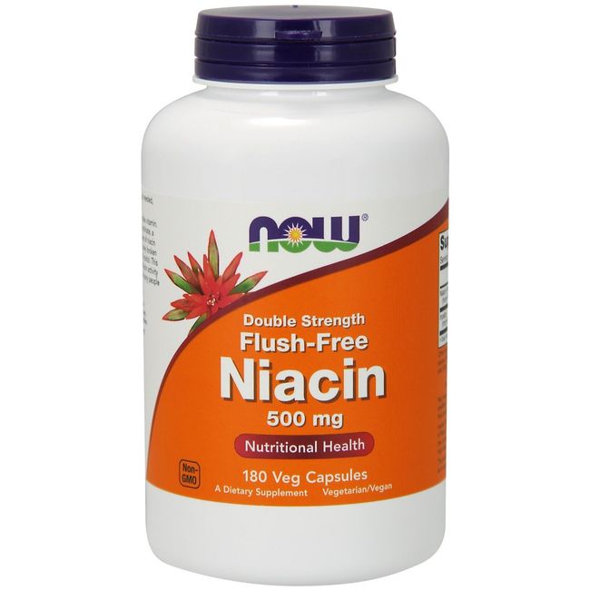 NOW Foods Niacin Double Strength, Flush-Free, 500 mg, 180 Veg Capsules