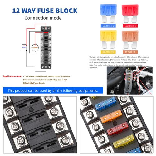 12 Way 12V Fuse Box Blade, 12Volt Fuse Block Without LED Indicator Damp-Proof Cover - 12 Circuit Independent Positive Negative Fuse Box Holder for 12V/24V Auto Car Truck Boat Marine Vehicle