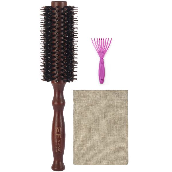 Roll Brush, Blow Brush, Pig Hair, Curling Brush, Men's, Women's, Blow Hair Brush, Hairdresser's Thick Roll Brush, Natural Bristle Brush, Anti-Static, Natural Wood, Direct Pattern (L)