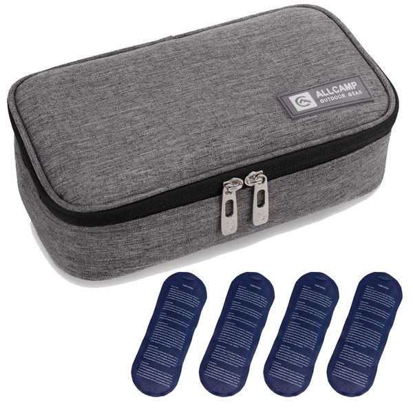 ALLCAMP Insulin Cooler Travel Case Diabetic Medication Cooler with 4 Ice Pack - Medical Cooler Bag Portable and Reusable Grey (9X 4.72x 3.14 inches)