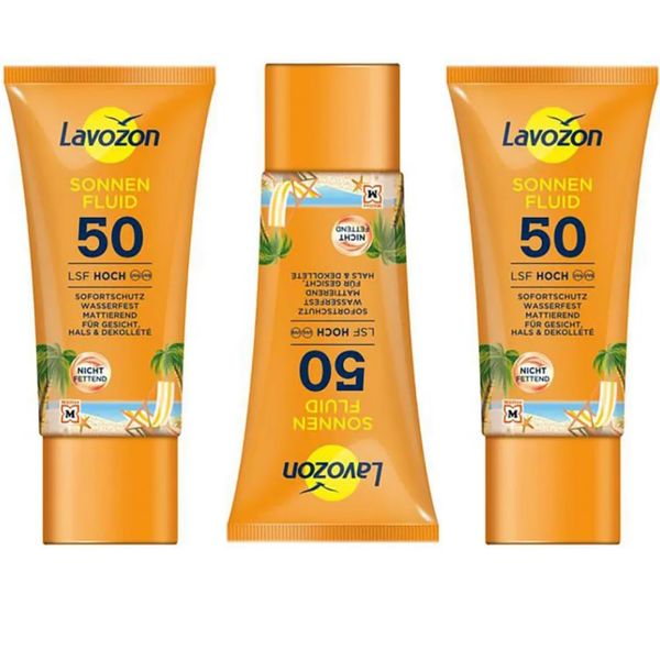 LAVOZON Sonnencreme Face Sonnenfluid Sonnenschutzmittel, LSF 50, 50 Mililiter x 3 STÜCK mit Pufai Überraschungsgeschenk