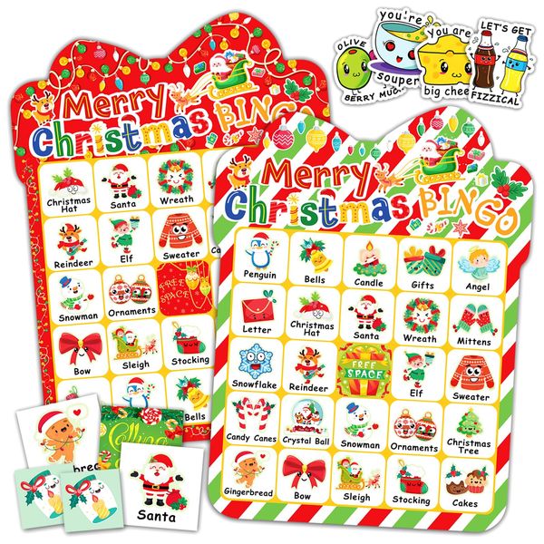 MonEnfance 39Pcs Christmas Bingo Cards, 24 Players Cute Christmas Bingo Game for Kids Adults Party Supplies Family Games Activities Xmas Festival