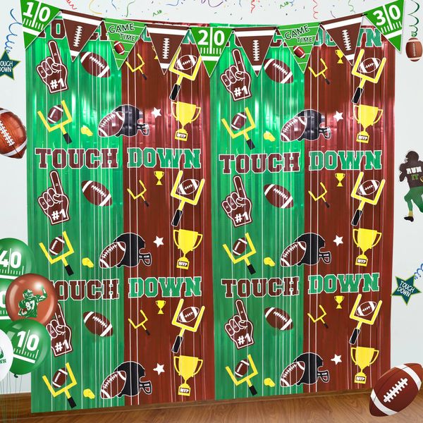 Superbowl Football Party Decorations Foil Fringe Curtains, 2 Pack 3.3x6.6ft Green Brown Tinsel Backdrop Super Bowl Sunday Night Football Game Day Photo Booth Backdrops Superbowl Party Decorations