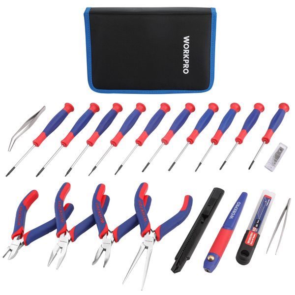 WORKPRO 33PCS Precision Repair Tool Set Includes Pliers Set, Screwdrivers Set, Craft & Utility Knife, Tweezers, Electronic Repair Tool Kit with Pouch for Laptops, Phones, Computer & Gaming Accessories