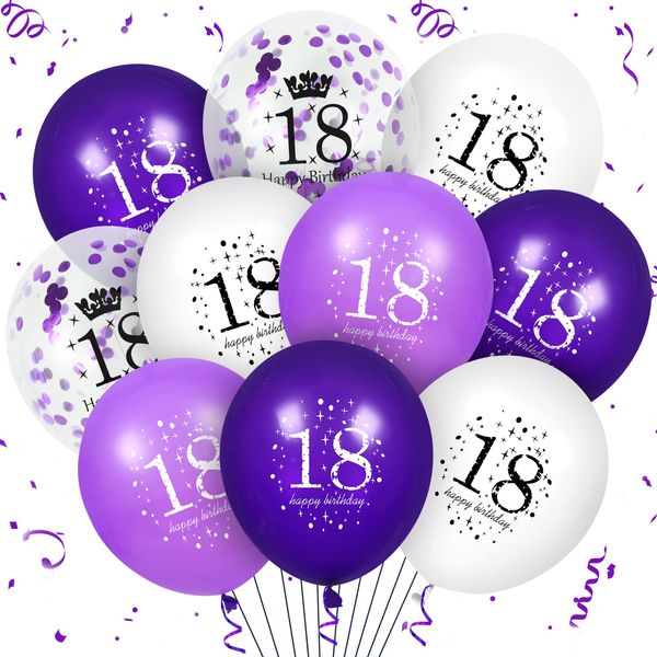 18th Purple Birthday Balloons Decorations, 16PCS Purple White Happy 18th Birthday Confetti Latex Balloons for Girls Boys Happy Birthday Party Wedding Anniversary Indoor Outdoor Party Supplies,12 Inch