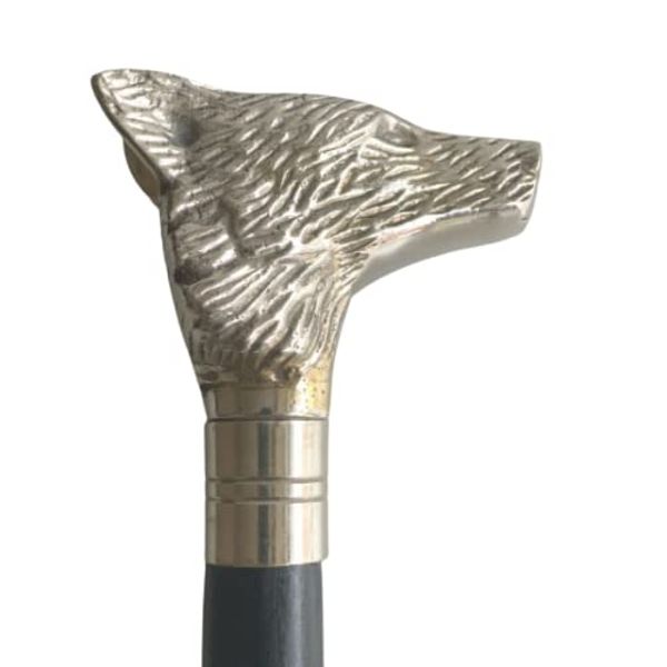 VCrafts Victorian Style Brass/Wooden Walking Stick Wolf face Handle with Silver Chrome Finish