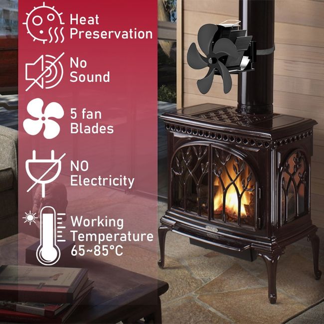 5 Blades Fireplace Fan, Wood Stove Fan, Non Electric Fan For Wood