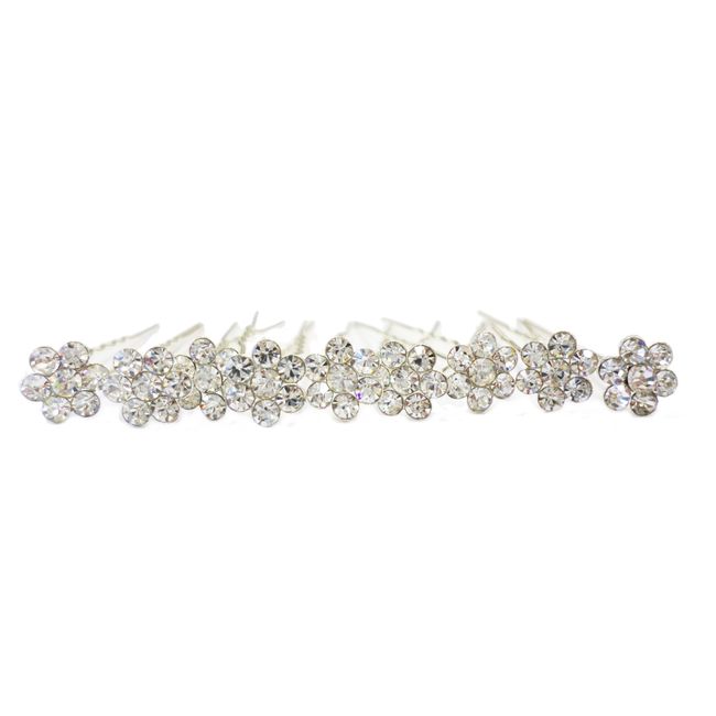 6 Of SPARKLY Silver flower DIAMANTE STONE HAIR PINS Diamante Crystal Bridal Hair