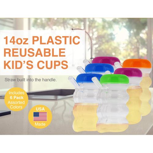 Arrow Home Products Sip-A-Mug, 14oz, 6pk - Easy to Grip Plastic Kid's Cup Where the Handle is the Straw - BPA-free with Screw-On Caps Great for Everyday Use, Made in the USA - Clear with Color Lids