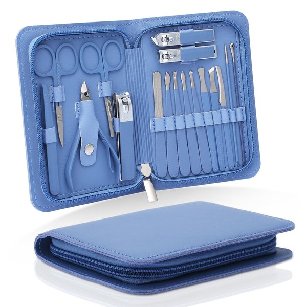 Professional Manicure Set,17-Piece Nail Care Kit with Stainless Steel Ingrown Nail Toenail Cuticle Cutter Clipper Pedicure Kit,Grooming Kits with Portable Travel Case (Blue)