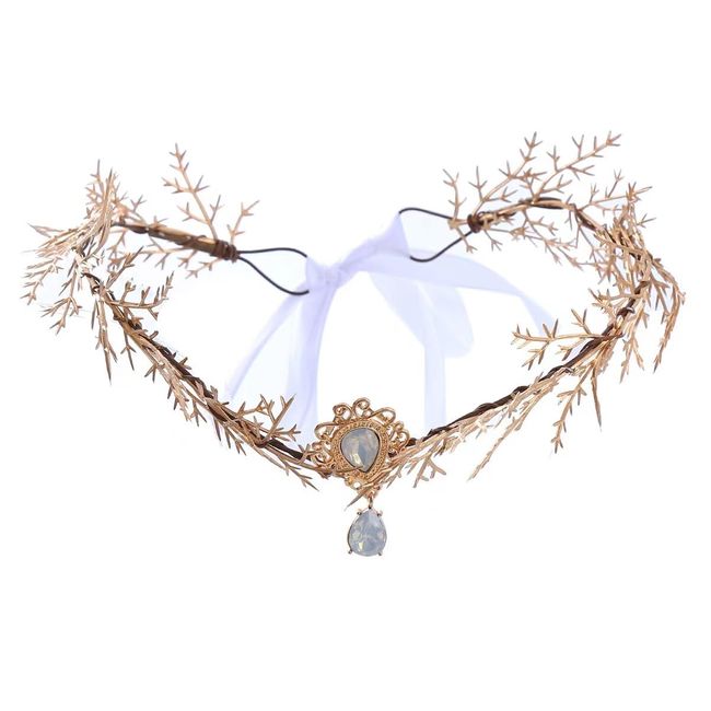 Bubbmi Woodland Fairy Branch Headband with Pendant, V-shape Floral Elf Halloween Costume Party Tiara Headpiece for Women Girls (golden branch)