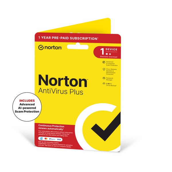 Norton AntiVirus Plus 2025, Antivirus software for 1 Device and 1-year subscription with automatic renewal, PC or Mac, Activation Code by Post