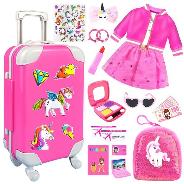 23Pcs 18 Inch Girl Doll Accessories Case Luggage Travel Play Set with Doll Clothes Cute Bag Computer Glasses Pretend Makeup Toy Stickers Doll Stuff Fit 18 inch Doll Christmas Birthday Gift