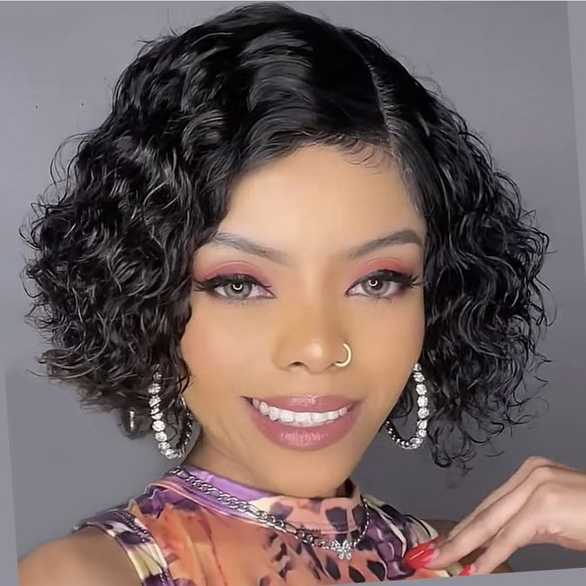 REYNA Short Curly Bob Human Hair Wigs for Black Women Lace Frontal Wet and Wavy Pre Plucked Water Wave Human Hair Lace Wigs Natural Black Color