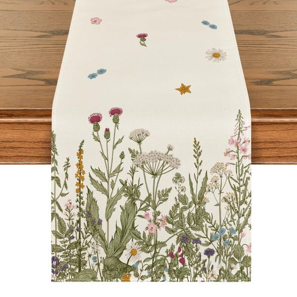 Artoid Mode Antique Herbs and Wild Flowers Spring Table Runner, Seasonal Kitchen Dining Table Decoration for Home Party Decor 40x180 cm