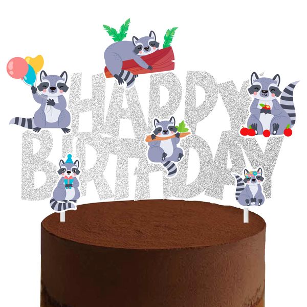 Raccoon Birthday Cake Topper Raccoon Birthday Cake Decoration Silver Glitter Raccoon Happy Birthday Cake Decor for Woodland Animal Theme Baby Shower Supplies