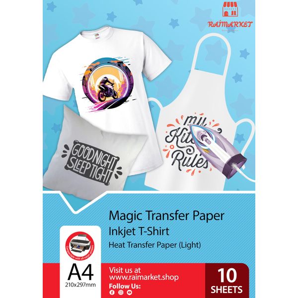 Raimarket Premium Iron on Transfer Paper t-Shirt Printing for Light Fabrics, A4 10 Sheets, Printable Vinyl Iron on Transfers for Clothes, Best Heat Transfer Paper for White T-Shirts, Easy to Use