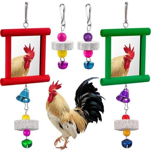 Sumind 2 Pieces Chicken Mirror Toys Hanging Swing Mirror with Bell Wooden Pecking Toy and 4 Pieces Beak Grinding Molar Stones for Hens Birds Parrots (Red,Green)
