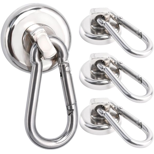 Magnetic Hook, Super Strong Carabiner, Hook, Magnetic, 360° Rotation, Diameter 1.0 inches (25 mm), Set of 4, Vertical Load Capacity 44.1 lbs (20 kg), Metal, Corrosion Resistant, Waterproof, For