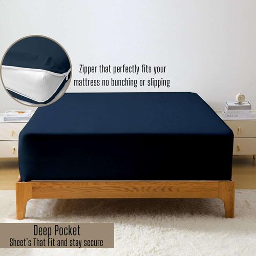 Incredible Bedding Microfiber (48" x 75") 3/4 Full Bunk Zipper Fitted Sheet, 8 Inch Deep Pocket Mattress Cover for RV and Home, Soft Lightweight Wrinkle-Free, Solid Navy Blue