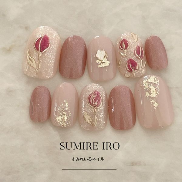 Nail tips False nails Bridal nails Short Long design Summer nails Nail Coming-of-age ceremony Short nails Small nails Large nails Berry short Chibi nails Spring nails False nails Custom nails Flowers [2001] Red tulip beige brown