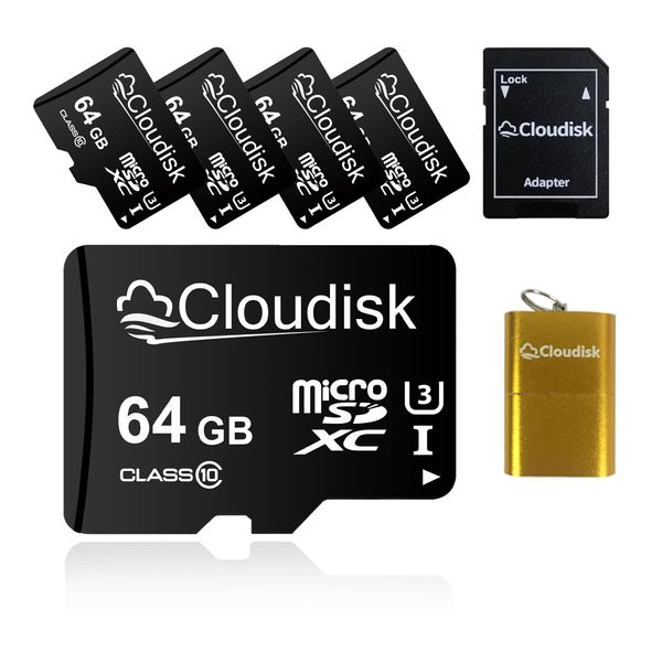 Cloudisk 5 Pack Micro SD Card with MicroSD Adapter Card Reader Memory Card (5 Pack 64GB)