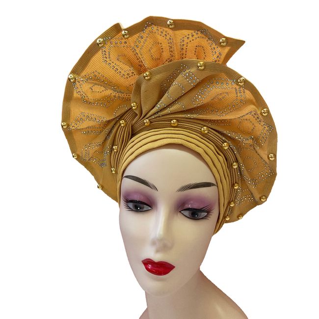 Nigerian Luxury Aso Oke Headtie, African Headtie Women Headbands Head Wrap Turban Cap Auto Gele Headties Femme Headscarf Headgear Sewing Fabric For Party (Gold)