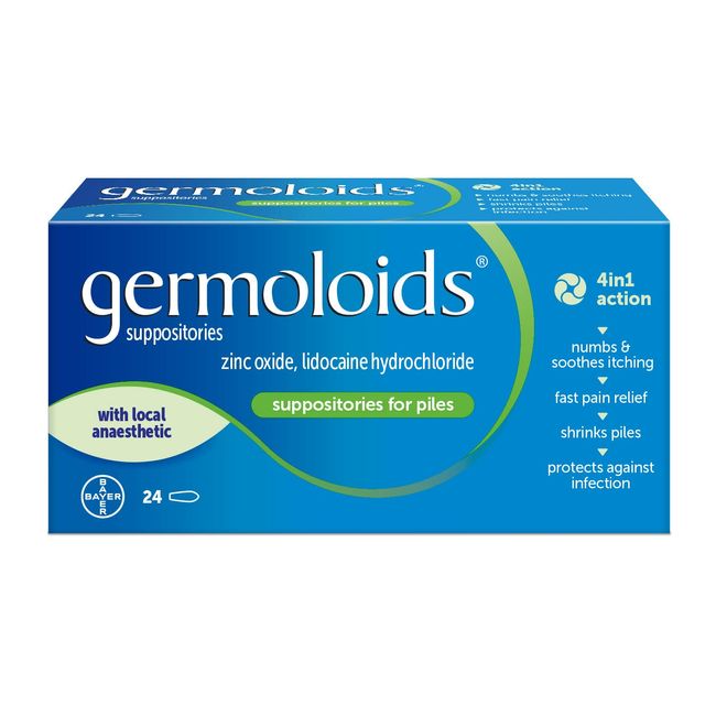 Germoloids Haemorrhoid Treatment & Piles Treatment Suppositories, Triple Action with Anaesthetic to Numb the Pain & Itch, 55 g, 24 Count (Pack of 1)