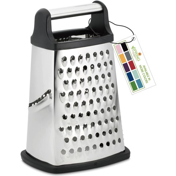 Spring Chef Professional Cheese Grater - Stainless Steel, XL Size, 4 Sides - Perfect Box Grater for Parmesan Cheese, Vegetables, Ginger - Dishwasher Safe - Black