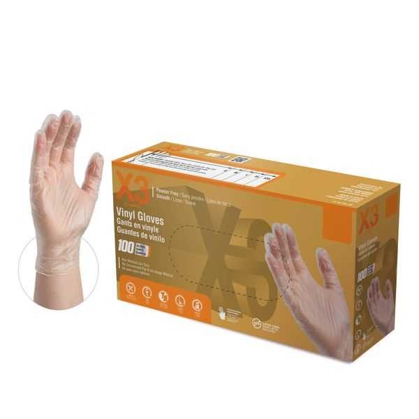 X3 Clear Vinyl Disposable Industrial Gloves, 3 Mil, Latex & Powder-Free, Food-Safe, Non-Sterile, Smooth, X-Large, Box of 100