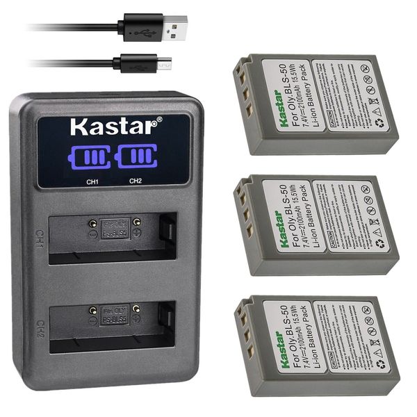 Kastar 3-Pack BLS-50 Battery and LED2 USB Charger Compatible with Olympus E-System E-400, E-410, E-420, E-450, E-600, E-620, E-PM1, E-PM2, Stylus 1, Stylus 1s Mirrorless Camera