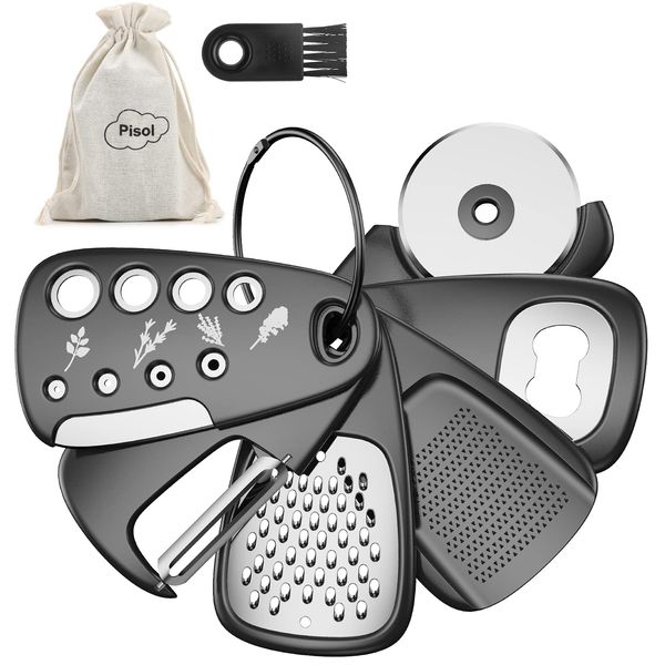 Pisol Kitchen Unique Gadgets Set 6 Pieces, Space Saving, Cheese Grater, Bottle Opener, Fruit Vegetable Peeler, Pizza Cutter, Garlic Ginger Grinder, Herb Stripper Gift Set