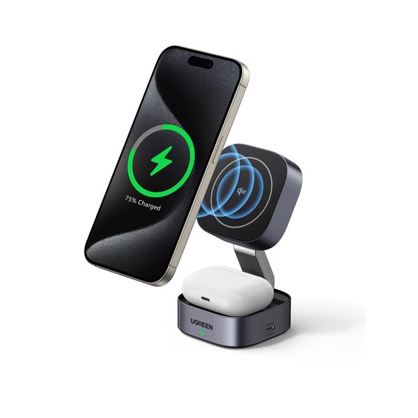 UGREEN Faltbare 2 in 1 Qi2 zertifizierte 15W Ladestation kompatibel mit MagSafe Ladegerät Wireless Charger Stand für iPhone 15/14/13/12, AirPods 2/3, unterstützt Standby-Funktion, mit 1M Kabel